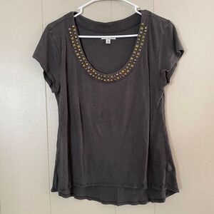 American Eagle Embellished Scoop Neck Tee Gray Beaded Studded Top Women’s Small